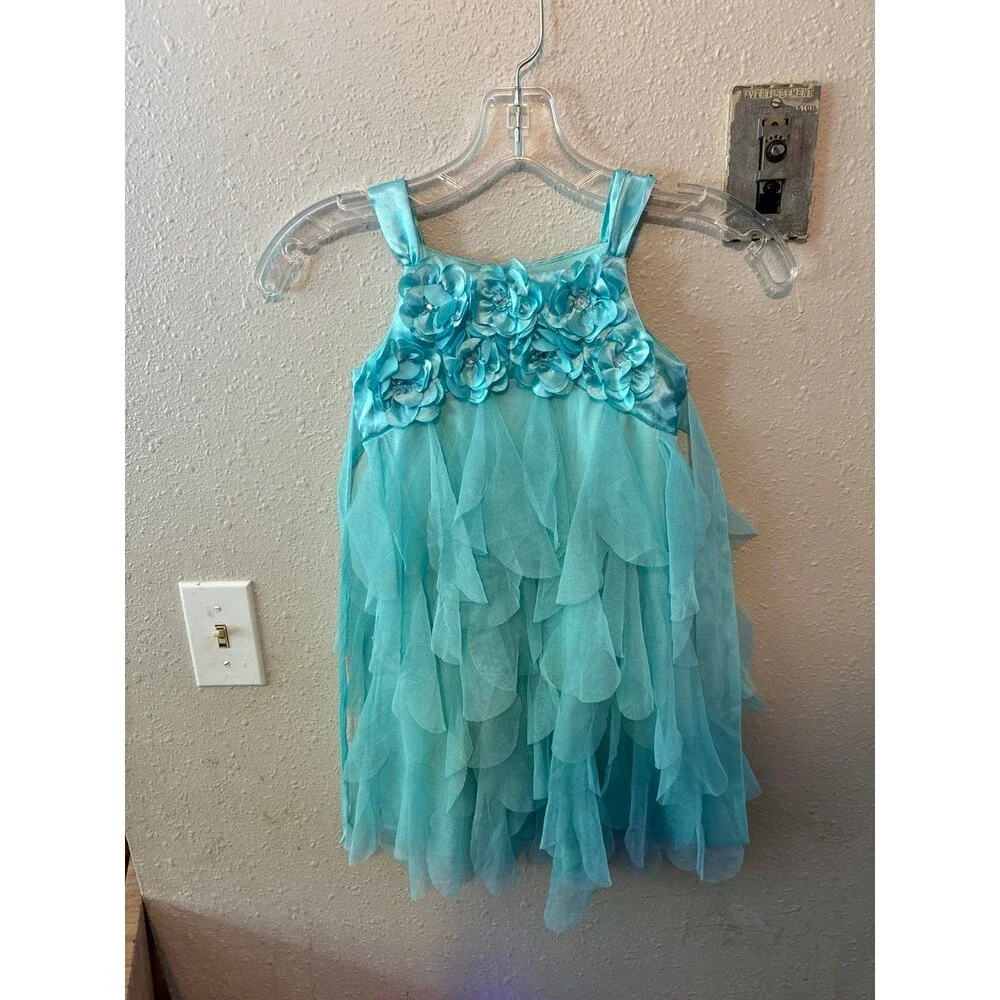 Biscotti Girls Size 5 Aqua Blue Floral Appliqué Tiered Tulle Party Dress
